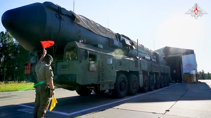 A Russian RS-24 Yars strategic ballistic missiles launcher during a drill in the Ivanovo region of Russia (Russian Defence Ministry Press Service/AP)