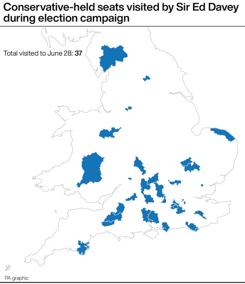 Conservative-held seats visited by Sir Ed Davey during the election campaign