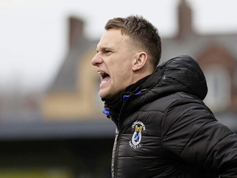 Pacemaker Press 11-2-23 Crusaders v Dungannon Swifts - Danske Bank Premiership Dungannon&#39;s manager Dean Shiels urges his players on  during today&#39;s game at Seaview, Belfast.  Photo by David Maginnis/Pacemaker Press 