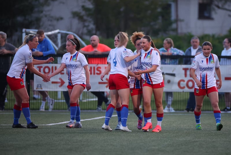 Linfield Women players celebrate Cora Chambers’ goal against Lisburn Ladies at the Bluebell Stadium (Photo: Paul Harvey)