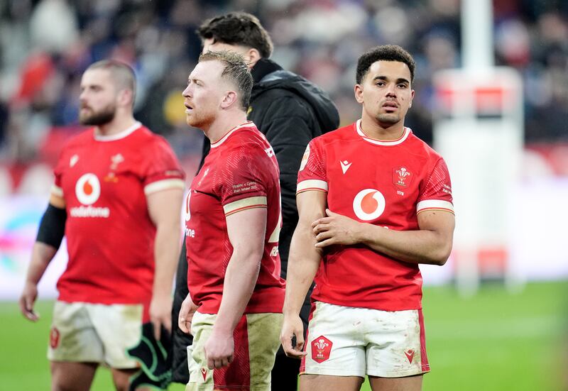 Wales outside-half Ben Thomas stands dejected after a 43-0 thrashing to France in their Guinness Six Nations opener