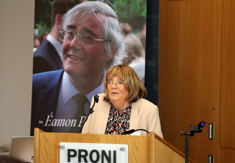 The late Eamon Phoenix's wife Alice speaks at the launch of the Eamon Phoenix Foundation and website at Belfast's Public Record Office. PICTURE: MAL MCCANN