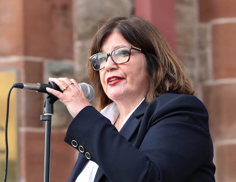 Marie Brown of Foyle Women's Aid addressing the End Violence Against Women vigil at Guildhall Square in Derry on Thursday evening. Picture Margaret McLaughlin  29-8-2024