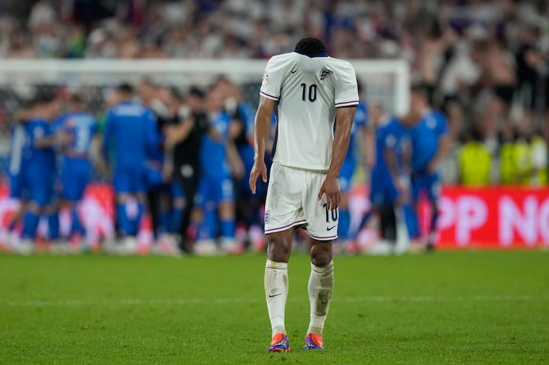 England’s Jude Bellingham reacts at the end of the Euro 2024 draw against Slovenia. (Martin Meissner/AP)