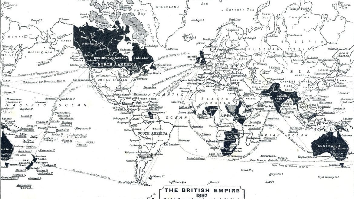 A map of the British Empire in 1897 after Queen Victoria was on the throne for 60 years 