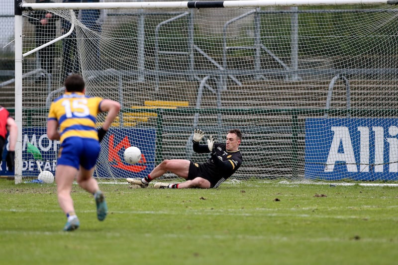 Down keeper John O Hare saving a penalty against Roscommon at Dr Hyde Park in their Allianz Football League match