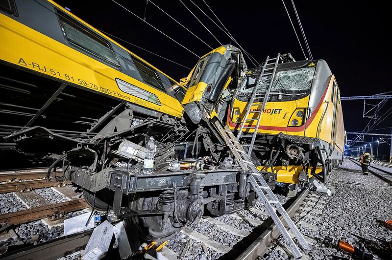 A passenger train collided head-on with a freight train in Pardubice (Fire Department of Pardubice region/AP)