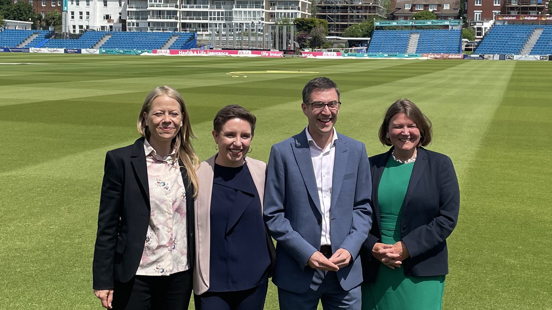 Green Party co-leaders Carla Denyer (2nd left) and Adrian Ramsay, with candidates Sian Berry (left) and Ellie Chowns (right) during the Green Party’s manifesto launch at the Sussex County Cricket grounds in Hove