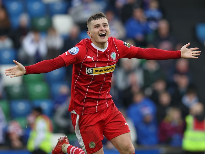 Cliftonville Ronan Hale  celebrates his goal     In todays   game  in Windsor Pk Belfast Cliftonville v Linfield in the Clearer Water irish Cup Final  4/5\/24  Pacemaker Press