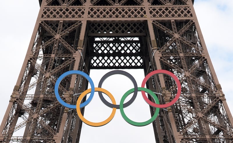 The Olympic rings on the Eiffel Tower, Paris