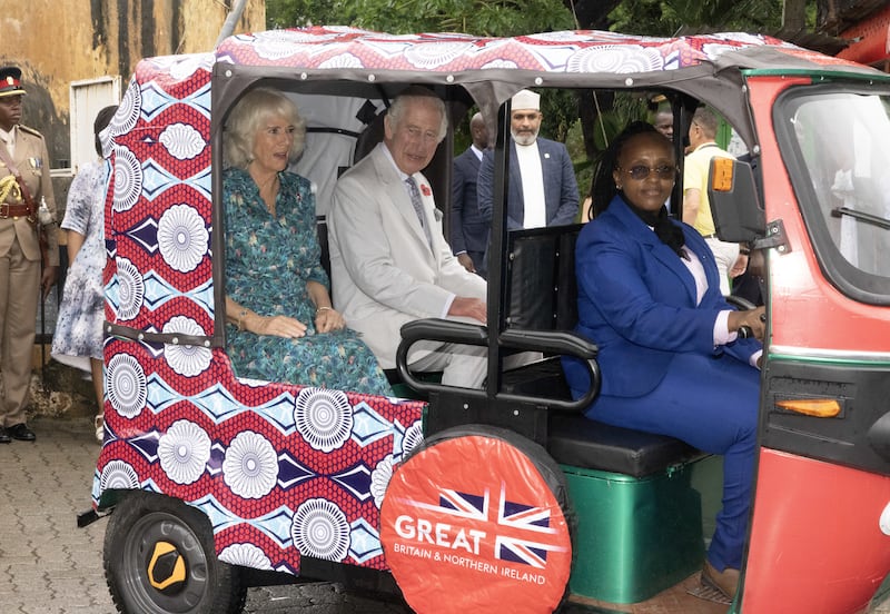 The King and Queen arrive by tuk-tuk at Fort Jesus, in Mombasa Old Town on day four of the state visit to Kenya