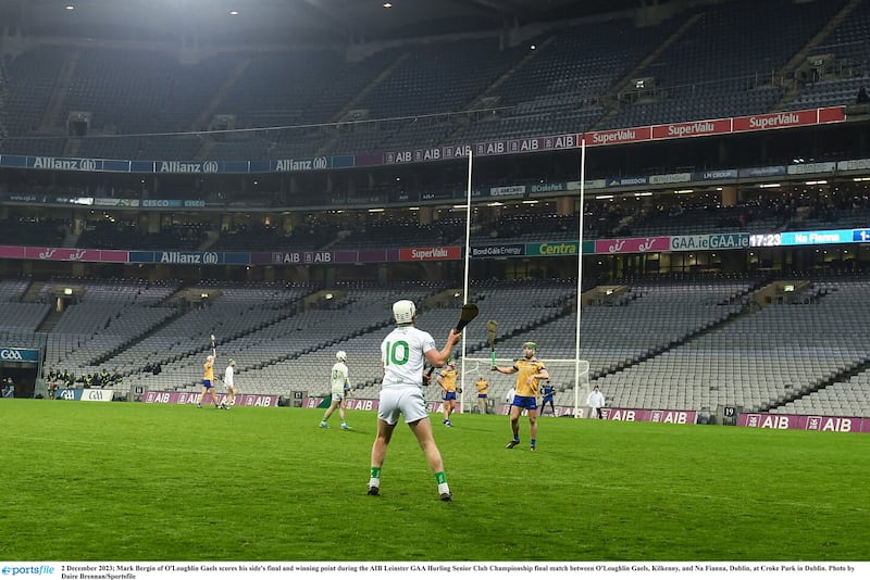 O'Loughlin Gaels captain Mark Bergin strikes the winning free against Na Fianna in the Leinster Club SHC Final.