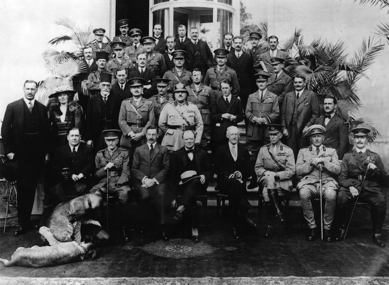 Members of the Mesopotamia Commission, set up to discuss the future of Mesopotamia at the Cairo Conference in 1921. Included are Gertrude Bell (second from left, second row), T E Lawrence (fourth from the right, second row), Herbert Samuel, 1st Viscount Samuel (left of Churchill) and Winston Churchill (centre front row)