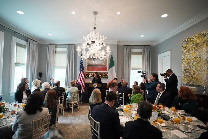 US Vice President Kamala Harris speaking during a breakfast meeting she hosted at her official residence in Washington DC, attended by Taoiseach Leo Varadkar as part of his visit to the US for St Patrick’s Day. Picture date: Friday March 15, 2024.