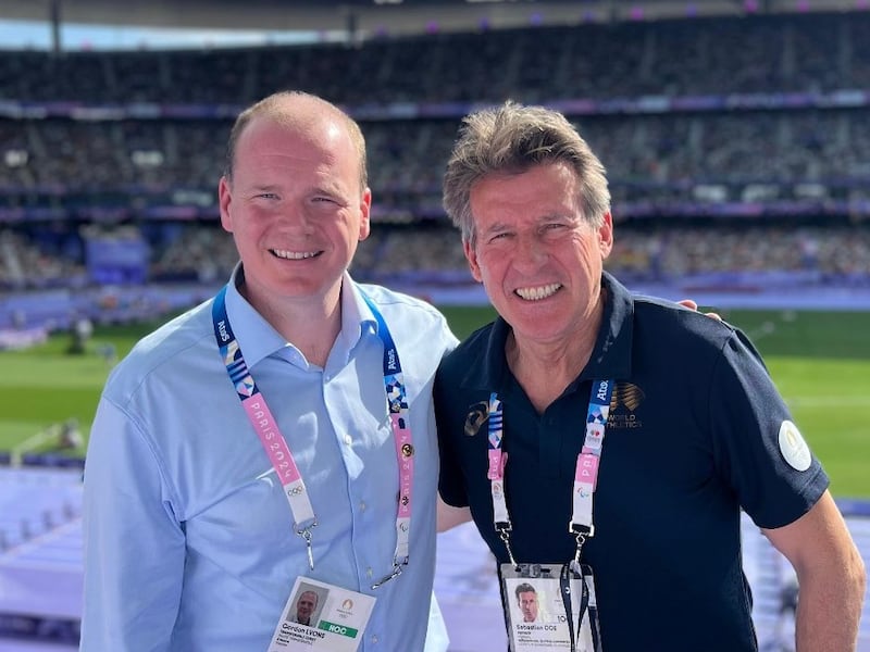 Communities Minister Gordon Lyons
with International Olympic Committee member Sebastian Coe during the Paris Olympics