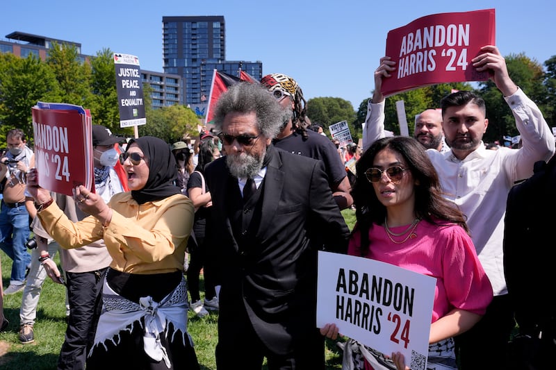 Progressive activist Cornel West watches a demonstration prior to a march to the Democratic National Convention (Alex Brandon/AP)