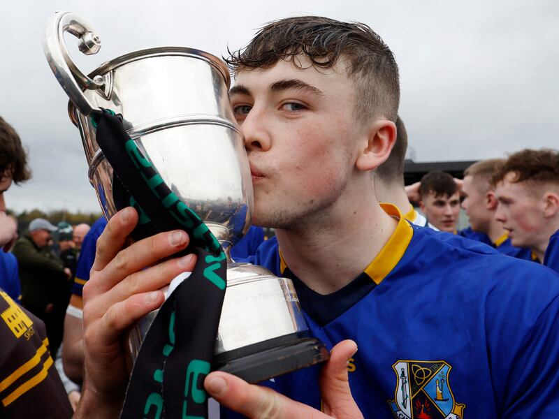 St Killian's team captain Joseph McLaughlin with the Paddy Buggy Cup after his team's win over Blackwater CS in the final         Picture:  John McIlwaine