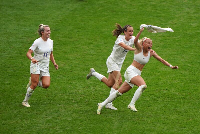 Kelly celebrates after scoring the winner against Germany in the Euro 2022 final at Wembley