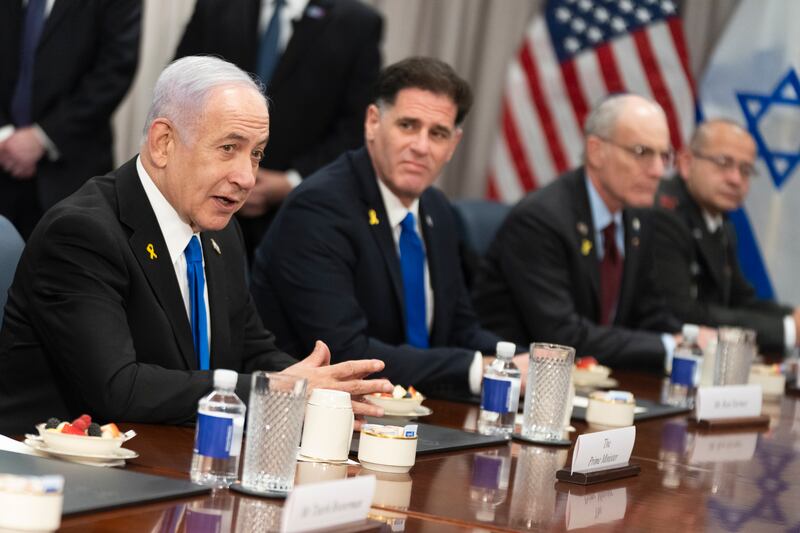 Israeli Prime Minister Benjamin Netanyahu, left, gives his opening statement before the start of a meeting with secretary of defence Pete Hegseth at the Pentagon (Manuel Balce Ceneta/AP)