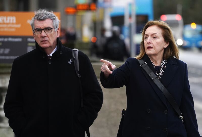 FAI chairperson Tony Keohane (left) and FAI independent director Liz Joyce arriving at Leinster House, Dublin
