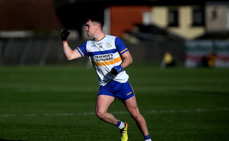 Errigal Ciaran's Ruairi Canavan celebrates scoring a point against Cargin in the Ulster Club SFC quarter-final at Corrigan Park.