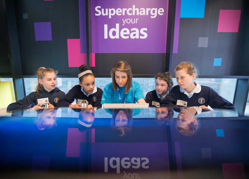 From left Mimi Birchall; Ella Dockery; Amanda Joliffe, Dreamspace Lead,Microsoft; Katie Kirwan; and Sibeal Cherry students from Guardian Angels NS in Blackrock, Co Dublin marking Girls in ICT Day, as Microsoft hosted a special event at the company’s new campus at One Microsoft Pic: Naoise Culhane