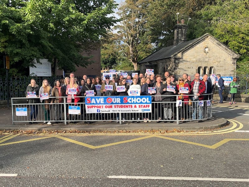 Parents demonstrate in support of St Leonard’s Catholic School, Durham, which has been disrupted by substandard reinforced autoclaved aerated concrete (Raac)