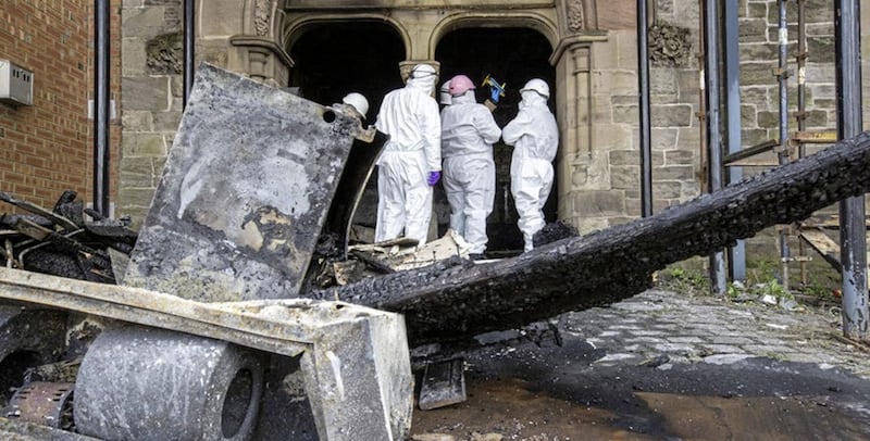 Damage caused to Belfast&#39;s Multi-Cultural Association centre in April following an arson attack. Picture by Liam McBurney 