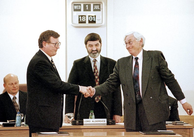 David Trimble and Seamus Mallon are elected First and Deputy First Minister in July 1998 with Speaker Lord Alderdice looking on