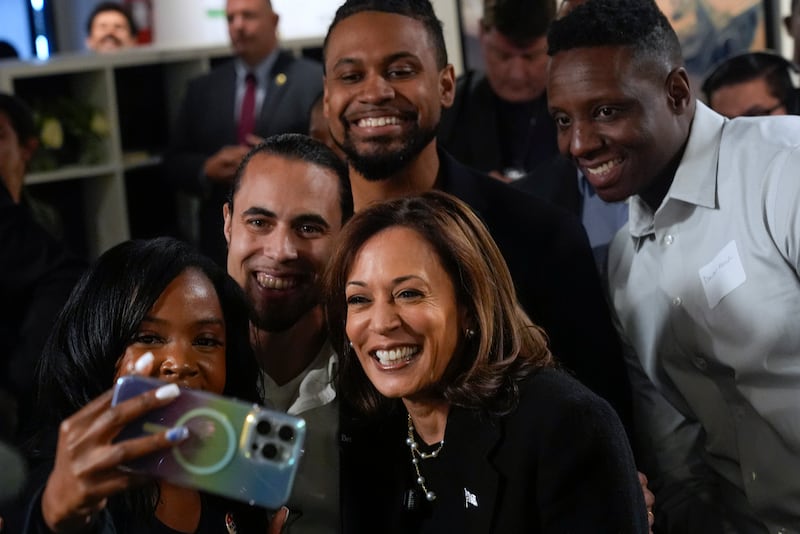 Democratic presidential nominee Vice President Kamala Harris poses for a photo as she visits Norwest Gallery of Art in Detroit (Jacquelyn Martin/AP)