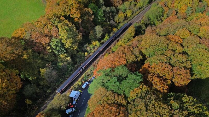 Emergency workers at the scene after a collision involving two trains near Llanbrynmair