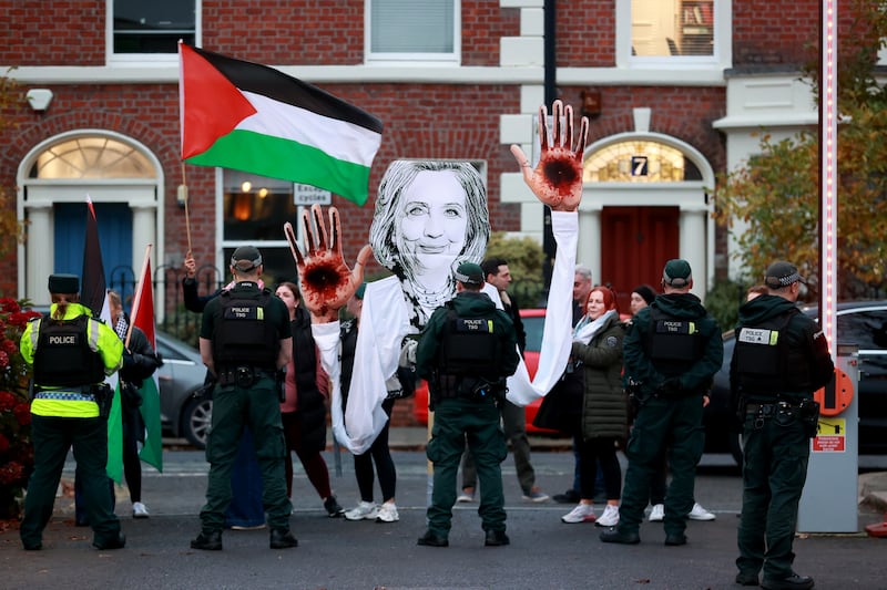 A protest outside Queen’s University Belfast, during a visit from Secretary Hillary Rodham Clinton, Queen’s University Belfast Chancellor, who is attending a Young Enterprise event at the University