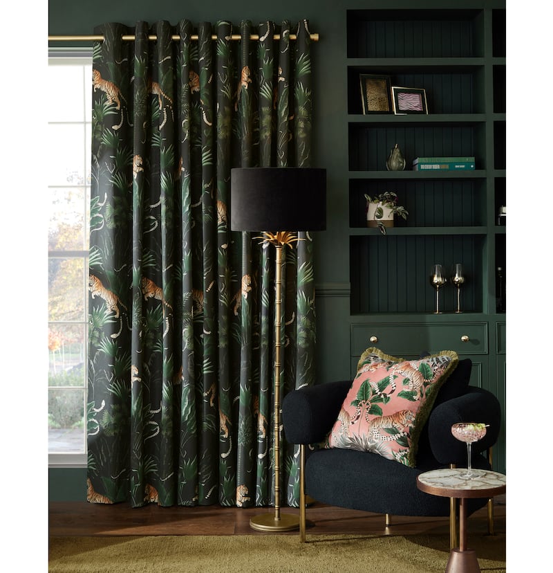 Black Tiger Print Eyelet Lined Curtains