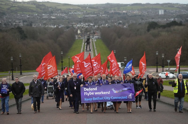 Flybe workers protest at Stormont. Photo by Mark Marlow.