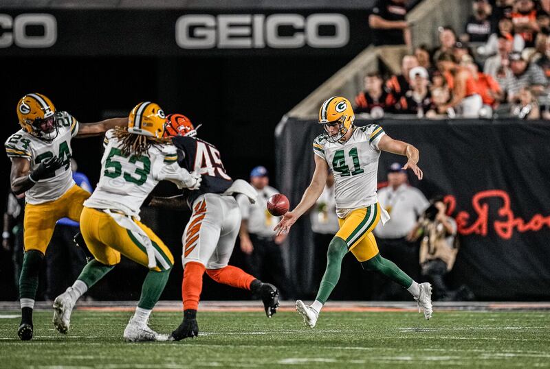 Dan punted twice against Cincinnati for a total of 85 yards on August 12. Picture by Evan Siegle, Green Bay Packers.