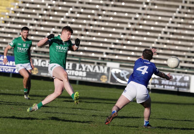 Fermanagh's Daragh McGurn fires home Fermanagh's third goal during the GAA Allianz Football League Division Three Round Three between Fermanagh and Laois on 03-05-2022 at Brewster Park. Pic Philip Walsh