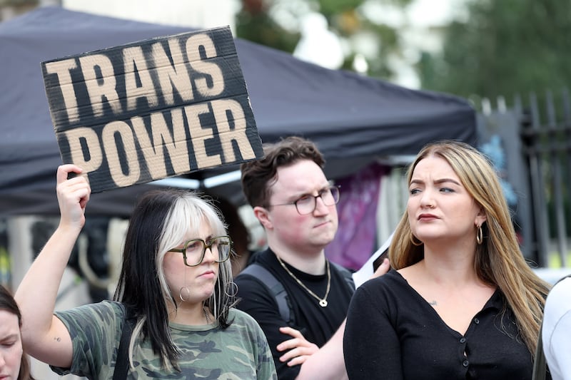 Rally at Belfast City Hall against the ban on puberty blockers . PICTURE: MAL MCCANN