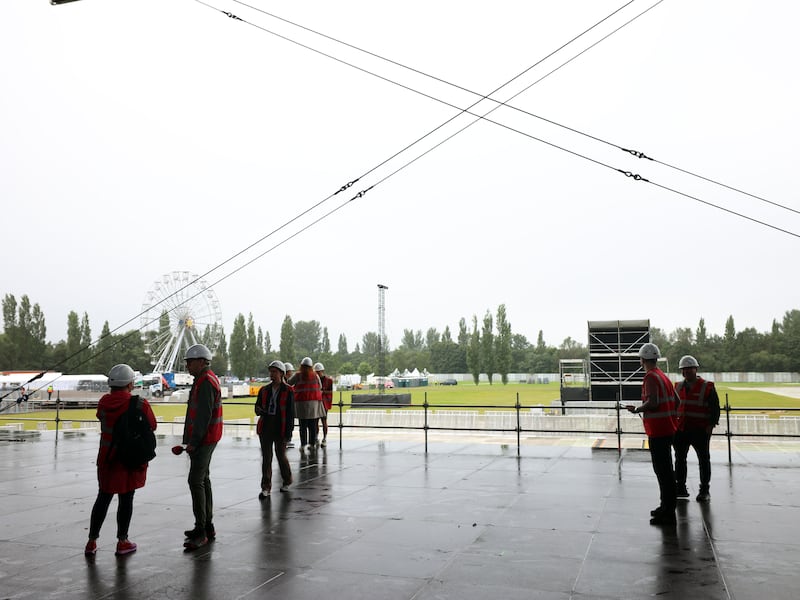 PACEMAKER, BELFAST, 13/8/2024: The huge stage is being prepared for the Vital concerts headlined by Liam Gallagher and Noah Kahan at the Boucher Road Playing Fields, Belfast on Friday 16 and Saturday 17 August, 2024.