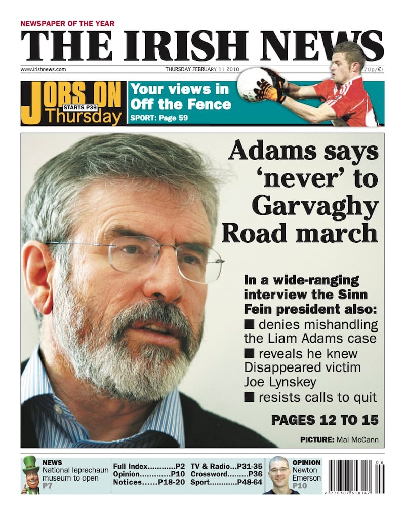 The front page of The Irish News on February 11 2010, featuring an interview with Gerry Adams