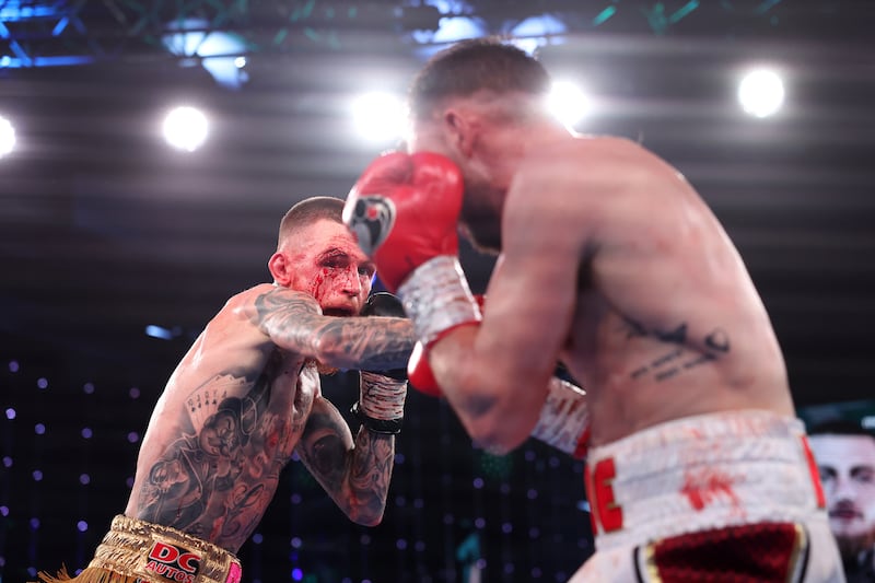 A cut opens above Gary Cully’s right eye as he battles it out with Maxi Hughes for the WBA Lightweight Inter-Continental title. Picture: Mark Robinson Matchroom Boxing.