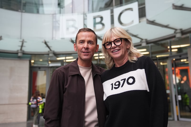 BBC Radio 2 presenters Zoe Ball and Scott Mills outside New Broadcasting House in central London