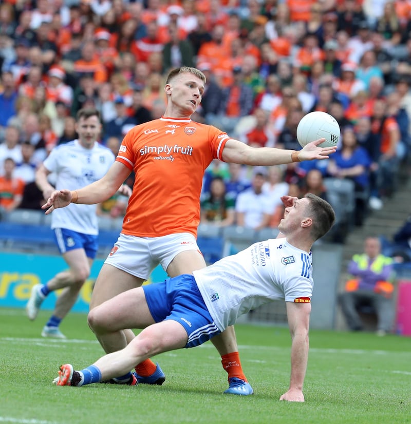Armagh's Rian O'Neill and Monaghan's Killiann Lavelle in action during the GAA Football All - Ireland Senior Championship Quarter Final between Armagh and Monaghan on 01-07-2023 at Croke Park Dublin. Picture by Philip Walsh.
