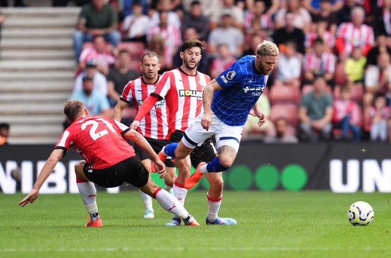 Burns wins a free-kick for Ipswich against Southampton