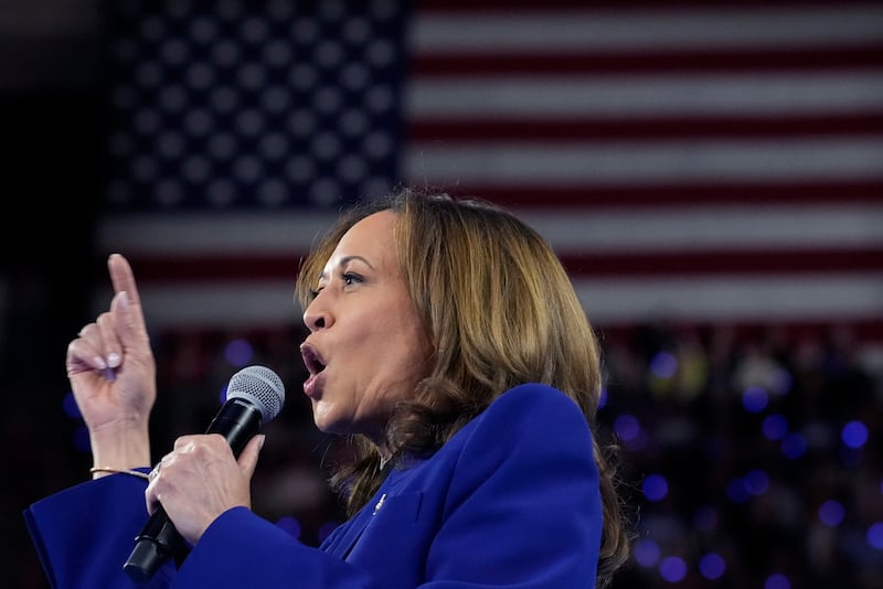 Democratic presidential nominee Vice President Kamala Harris speaks at the Fiserv Forum during a campaign rally in Milwaukee (Jacquelyn Martin/AP)