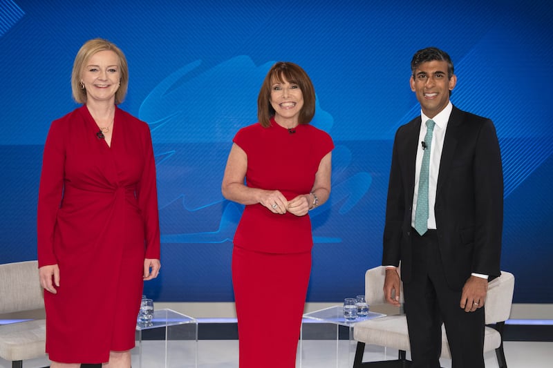 Liz Truss, Kay Burley and Rishi Sunak at the Sky News studio in London in 2022