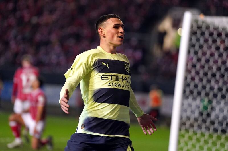 Phil Foden celebrates scoring against Bristol City