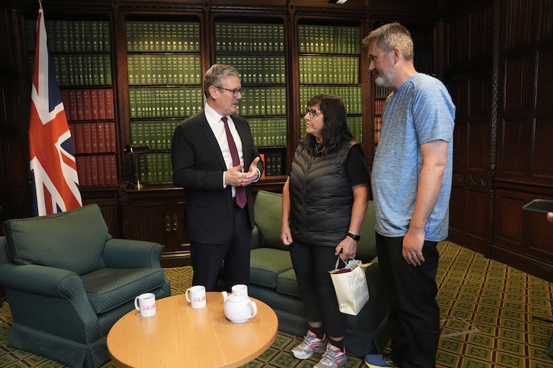 Figen Murray, mother of Manchester Arena bombing victim Martyn Hett, and her husband Stuart speaking to Labour Party leader Sir Keir Starmer (left) about Martyn’s Law