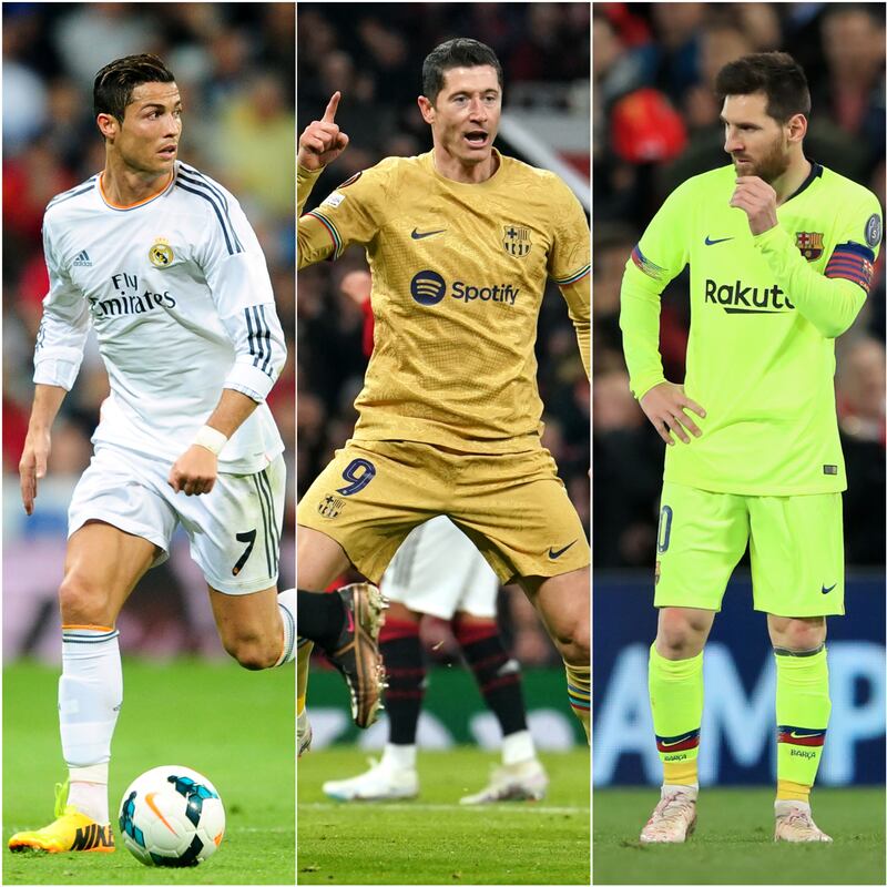 Robert Lewandowski, centre, joins Cristiano Ronaldo, left, and Lionel Messi with 100 Champions League goals to his name