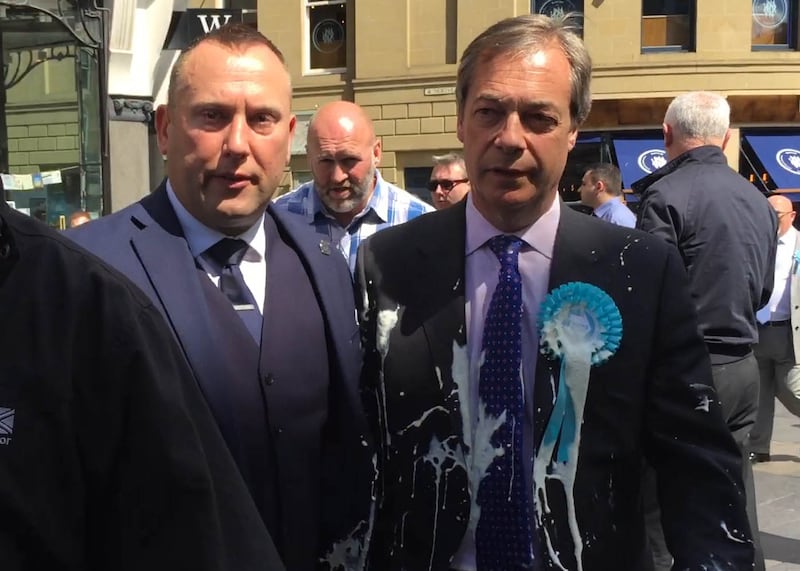 Nigel Farage after he was doused in milkshake during a campaign walkabout in Newcastle in 2019