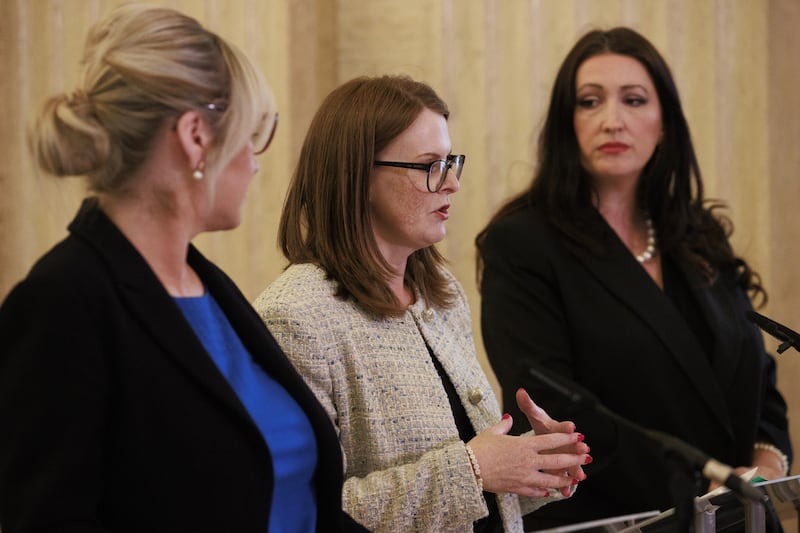 First Minister of Northern Ireland Michelle O’Neill, Finance Minister Dr Caoimhe Archibald and deputy First Minister Emma Little-Pengelly, held a press conference on Monday